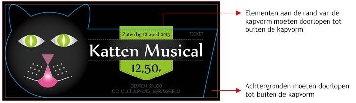 het ontwerp voor Katten Musical met de snijlijn erover zodat duidelijk is waar het ontwerp precies zal gesneden worden door de laser
